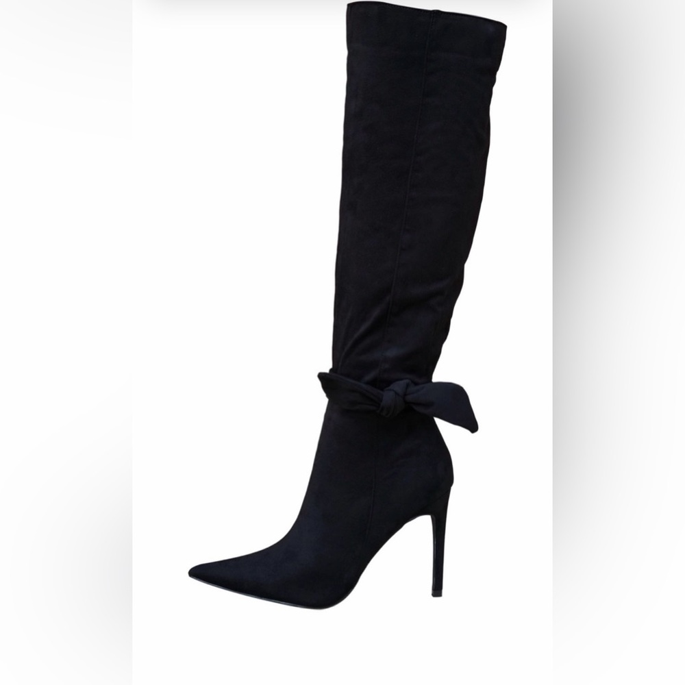 Black faux suede stilleto heels with accent bow